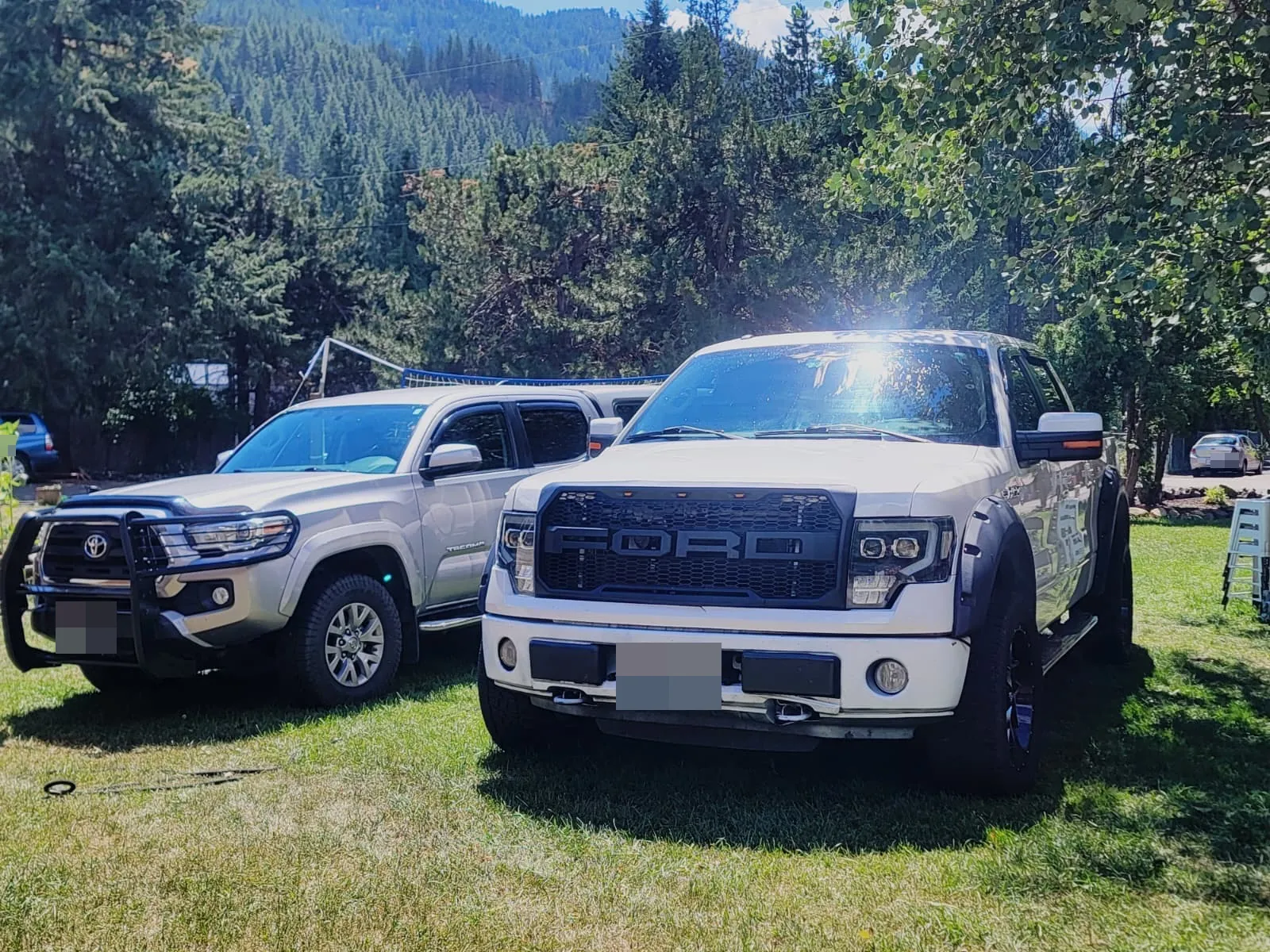 White Ford F-150 and silver Toyota Tacoma pickup trucks